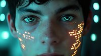 Young male face with glowing digital code projection on skin in cyan and orange colors against dark background with bokeh lights creating futuristic cyberpunk atmosphere.