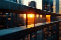 Warm golden light glows through modern architectural window at sunset, creating striking contrast against dark building facade and urban skyline backdrop for design projects.