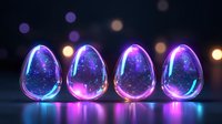 Glowing cosmic eggs with galaxy patterns inside emit vibrant neon purple and blue light against dark background with bokeh effects. Futuristic Easter concept.