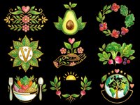 Watercolor vegan and healthy food clipart set with avocado, vegetables, wreath, and earth globe, isolated on transparent background. For t-shirts, stickers, print on demand.