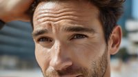 Close-up portrait of a Caucasian man with brown hair and stubble, squinting slightly in bright sunlight, with a blurred outdoor background.