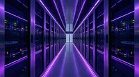 Modern data center server room with purple neon lighting and reflective floor creating futuristic technology corridor for cloud computing concepts.