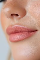 Close-up macro shot of natural pink lips and nose showing clean smooth skin texture and facial features. For beauty, cosmetic, skincare and dermatology advertising.