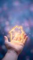 Hand holding a glowing golden house icon with bokeh light background, symbolizing real estate, home ownership, and property investment concepts.