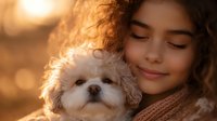Young Hispanic woman with curly hair embracing small white fluffy dog during golden hour sunset, expressing tenderness and companionship in warm atmospheric lighting.