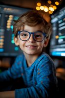 Smiling young boy wearing blue glasses and sweater against blurred bokeh background with warm lights, capturing genuine happiness and childhood joy.
