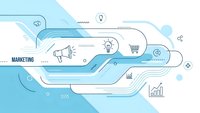 Digital marketing concept with megaphone and business icons on flowing circuit board design for promotional campaigns and advertising strategies.