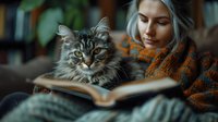 Young woman with silver hair reading book while cuddling fluffy tabby cat in cozy autumn sweater. Peaceful indoor moment of relaxation and companionship.
