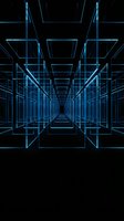 Futuristic neon blue geometric tunnel with symmetrical wireframe architecture receding into darkness, ideal for tech, digital innovation, and sci-fi design projects.