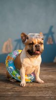 Tan and white French Bulldog wearing colorful swim trunks and clear goggles, sitting on wooden deck with beach backdrop for summer pet and vacation themes.