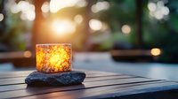 Glowing candle holder on natural stone against blurred bokeh background creates cozy atmosphere at dusk. Warm light illuminates wooden surface.
