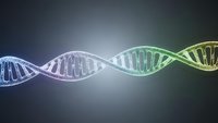 Colorful DNA double helix strand with glowing effect on dark background for genetic research, biotechnology and medical science concepts.