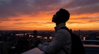 Young African American man in contemplative silhouette against vibrant orange sunset sky overlooking urban cityscape from rooftop terrace during golden hour twilight.
