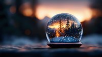 Magical snow globe with winter forest silhouette against sunset sky, sparkling snowflakes inside crystal ball creating festive holiday atmosphere.