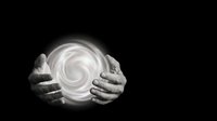 Two hands holding glowing orb with swirling light energy against dark background. Mystical, spiritual, and magical concept for wellness, healing, and supernatural power themes.