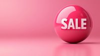 Red glossy sphere with sale text on pink background, minimalist promotional design for retail marketing and special offers. Clean modern style for advertising.