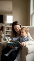 Young Caucasian mother reading colorful book with blonde toddler son on beige armchair in cozy living room with natural light for family bonding activities.