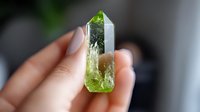 Crystal point in feminine hand with manicured nails shows green peridot or tourmaline mineral specimen against blurred background, spiritual healing concept.