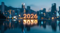 Glowing 2026 number reflection on calm water against blurred city skyline with bokeh lights at dusk creates futuristic urban landscape atmosphere.