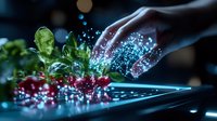 Magical glowing hand reaches over digital tablet with scattered cherries and green leaves, creating sparkles and light trails in dark atmospheric setting.