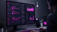 Professional at computer monitoring pink and purple data analytics dashboard with charts, graphs and statistics on dark screen in modern office workspace.