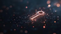 Glowing key symbol with sparkles and bokeh effects on dark background creates magical atmosphere for security and access concepts.