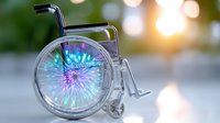 Empty wheelchair with glowing colorful light burst effect in wheel against blurred bokeh background, representing hope, recovery and medical breakthrough.