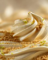 Creamy dessert topping with swirls of white frosting, sprinkled with graham cracker crumbs and lime zest on warm beige background.