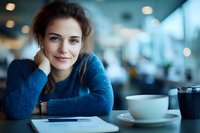 Young Caucasian woman in blue sweater smiling while relaxing at cafe, leaning on table with coffee cup. Soft bokeh background creates cozy atmosphere for lifestyle and business concepts.