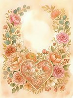Watercolor floral heart wreath with roses and peonies on vintage beige background for wedding invitations, romantic greeting cards and feminine design projects.
