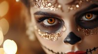 Young woman with golden amber eyes wearing Day of the Dead sugar skull makeup with gold leaf details and dramatic black stitched mouth for Halloween celebration.