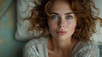 Young woman with blue eyes and curly brown hair wearing knit sweater gazes at camera with serene expression against soft background. Natural beauty portrait.
