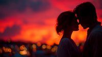 Romantic silhouette of couple against dramatic sunset sky with vibrant red and orange hues, city lights twinkling in background. Perfect for Valentine's Day designs.