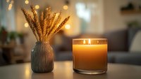Golden lit candle and dried wheat stalks in gray ceramic vase create cozy autumn atmosphere with soft bokeh lights, perfect for seasonal home decor and wellness themes.