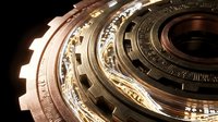 Intricate golden mechanical gears and clockwork components with detailed engravings showcase precision engineering and steampunk industrial design elements.