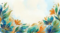 Watercolor floral border with teal, orange, and gold flowers and leaves on a light background, perfect for cards, invitations, and decor.