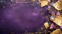 Luxurious purple and gold abstract background with shattered glass pieces and glitter sparkles creating elegant corner border composition on dark surface.