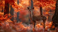 Young deer standing alert in vibrant autumn forest with fiery red and orange foliage creating magical woodland atmosphere during fall season.