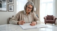 Senior Caucasian woman with gray hair and glasses writing documents at home table in modern living room interior for business planning.