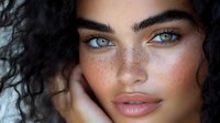 Close-up portrait of young Middle Eastern woman with striking blue eyes, freckles, and curly dark hair against blurred background.