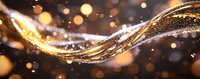 Magical golden light wave with sparkling particles and bokeh effects flowing on dark background, creating luxurious abstract design element.