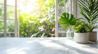 Tropical houseplants on marble table by bright window with sunlight streaming through lush greenery, creating serene indoor garden atmosphere.