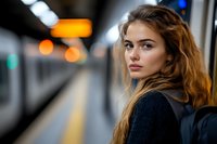 Young woman with long wavy brown hair waiting at subway platform, wearing black sweater, dramatic lighting with bokeh background creates moody urban atmosphere.