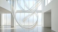 Translucent spiral installation suspended in minimalist gallery space with floor-to-ceiling windows, creating dynamic light and shadow effects for contemporary art and architectural design projects.