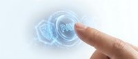 Finger touching glowing digital payment button with holographic shield and PAY text on white background for fintech and secure transaction concepts.