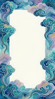 Watercolor cloud border frame in teal and purple hues with swirling patterns and blank center space for text or design elements.