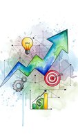 Business growth concept with upward arrow, lightbulb idea, target goal, gears and financial charts on watercolor background for strategy presentations.