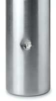 Stainless steel cylinder with bullet hole damage showing metal penetration and impact crater on brushed surface for forensic analysis.