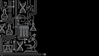 Scientific laboratory equipment and chemistry symbols in white line art on black background for educational and research design projects.