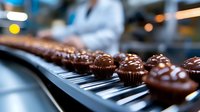 Chocolate truffles on conveyor belt in confectionery production line with blurred worker in background. Food manufacturing process shows quality control.